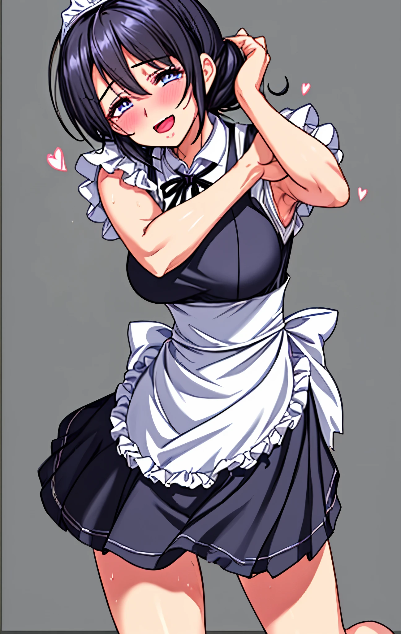 40age、mature woman、black hair、Hair tied up、Blue Eyes、My face is sweaty 、My arms and legs are sweaty、My whole body is sweaty、is in a cute pose、 Very Embarrassing Smile 、open your mouth、maid wearing a heart sign、Flip over a very short skirt、panties、Image viewed from the bottom of the front、simple background、my heart is flying around my body a lot、