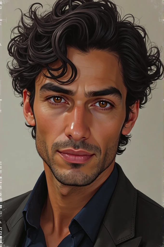 A 30-year-old man, brown skin, curly hair color black , brown eyes, thick eyebrows, with elegant design, as realistic as possible