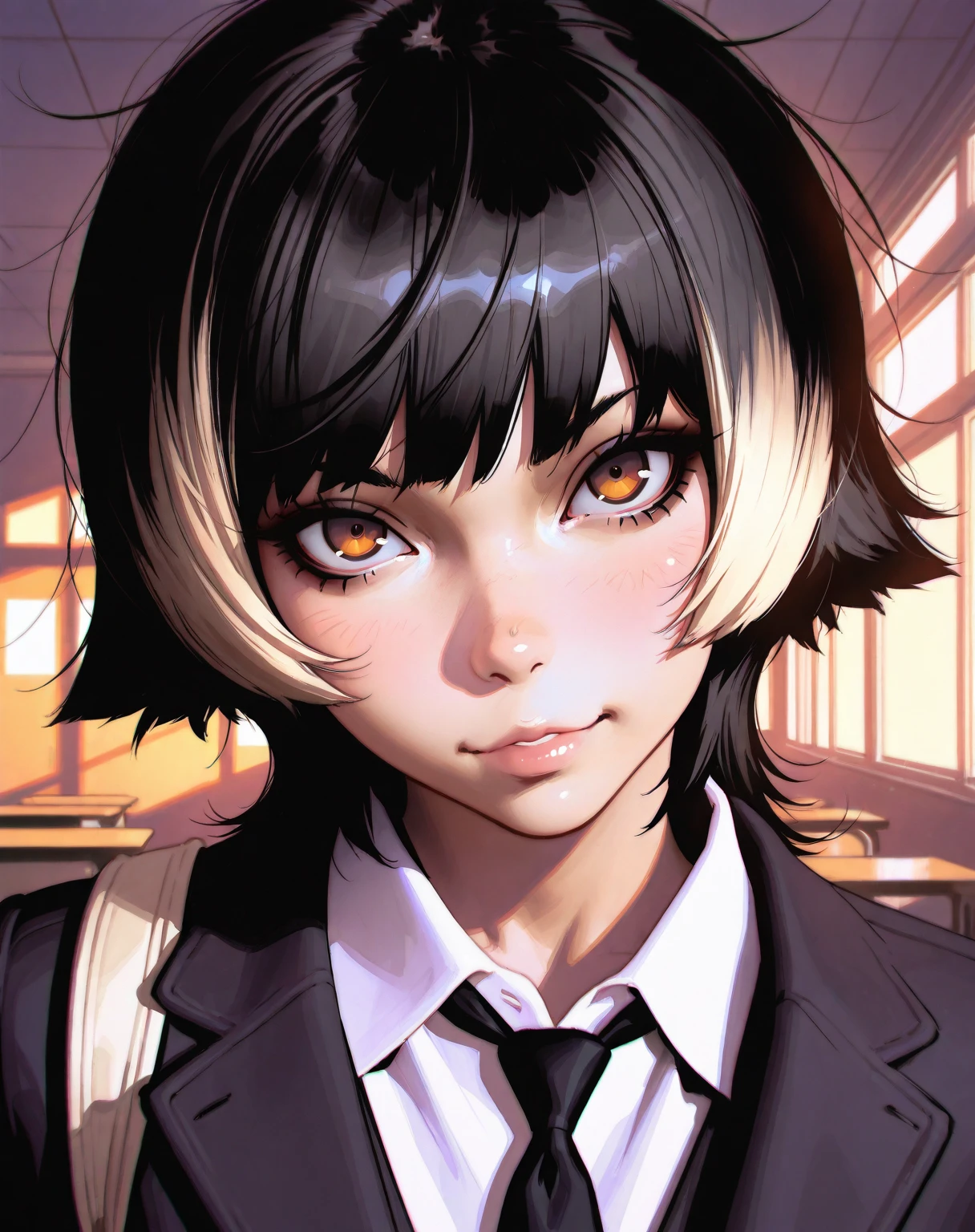 ilya kuvshinov, upper body shot, masterpiece, dynamic pose, solo, best quality, looking at viewer, (face focus), (saturated), fair skin, man, masculine, male, indoors, school, evening, amber eyes, happy, friendly, straight cut bangs, wolf cut, mullet cut, black hair, pale blonde highlights, handsome, black zip up jacket, white collared shirt, black tie, beige bookbag, messy hair, messy bangs, medium hair