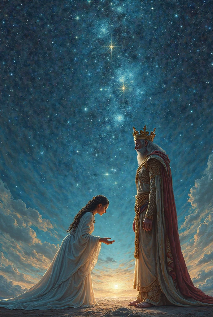 A woman bowing  to  a king standing in a distance in the universe 