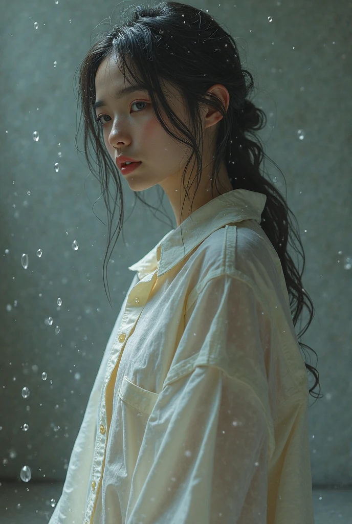 Best picture quality, masterpiece, ultra high resolution, (fidelity :1.4), photo, 1 girl,[(sadness)],white shirt, Dim, dark, desperate, pitying, pitiful, cinematic,tear,teardrop,(Torn clothes:1.5), (Wet clothes:1.4), bare shoulders,Real rain,wet hair,.. --auto --s2