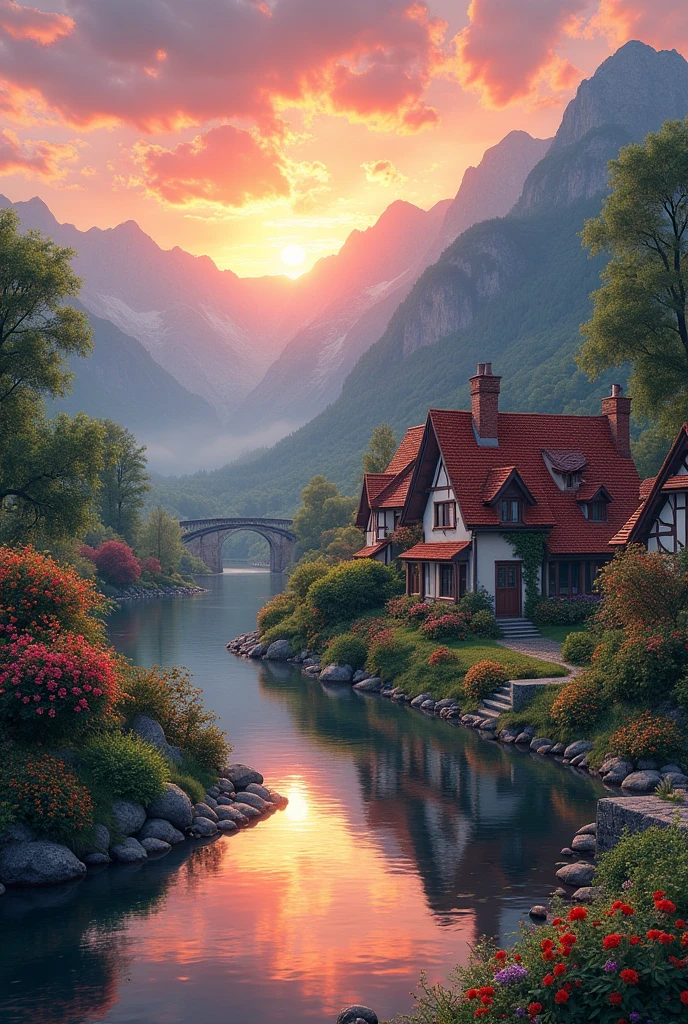 a small village by the river, mountains in the background, floral flowers colorful, detailed landscape, Beautiful natural landscapes, atmospheric lighting, scorching sunset, warm colours, practical, photopractical, Detailed Foliage, complex buildings, cobblestone street, Charming country house, swirly vibrant colors, lush vegetation, Still water reflections, Picturesque, idyllic, work of art, best qualityer, 8k, extremely detaild,anime styling