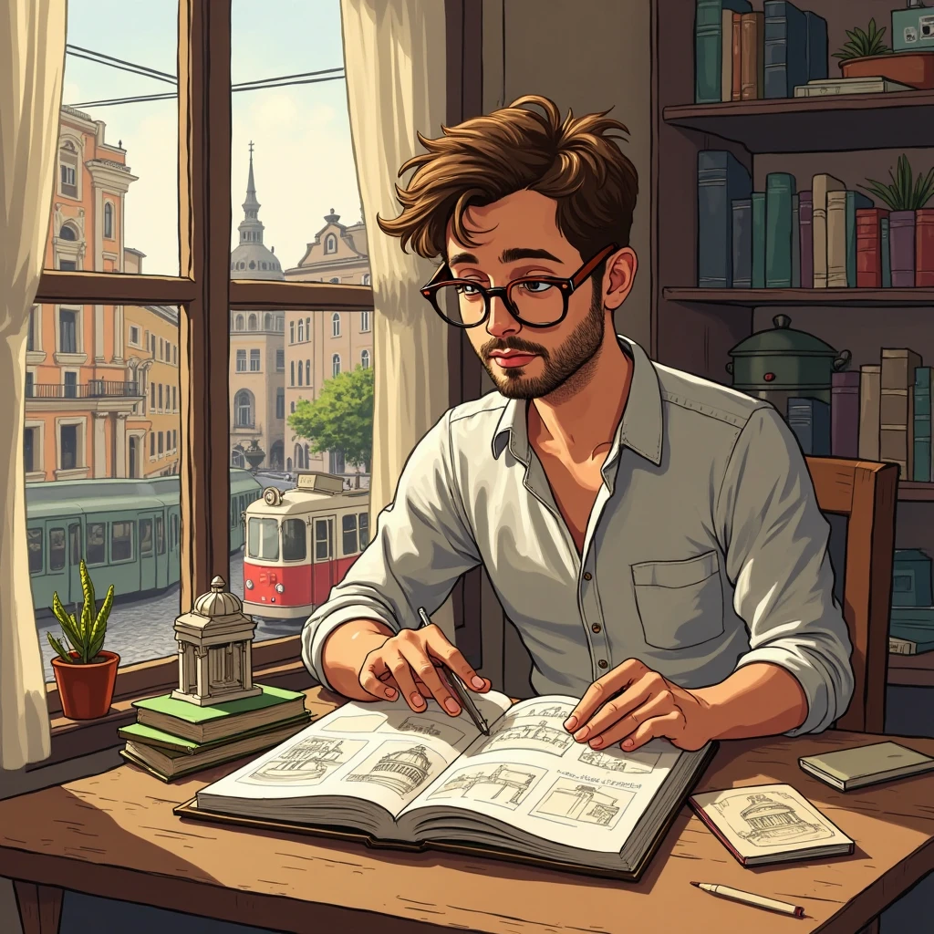 Enzo flips through a photo album showing Rome’s Colosseum and espresso bars. He wears round tortoiseshell glasses pushed up his forehead. The table now holds a miniature Trevi Fountain figurine and a sketchpad with a half-drawn Pantheon. Outside the window, Lisbon’s tram passes, blending the two cities. Details: vector-style cobblestone textures on the floor, warm amber lighting, and soft focus on distant bookshelves.