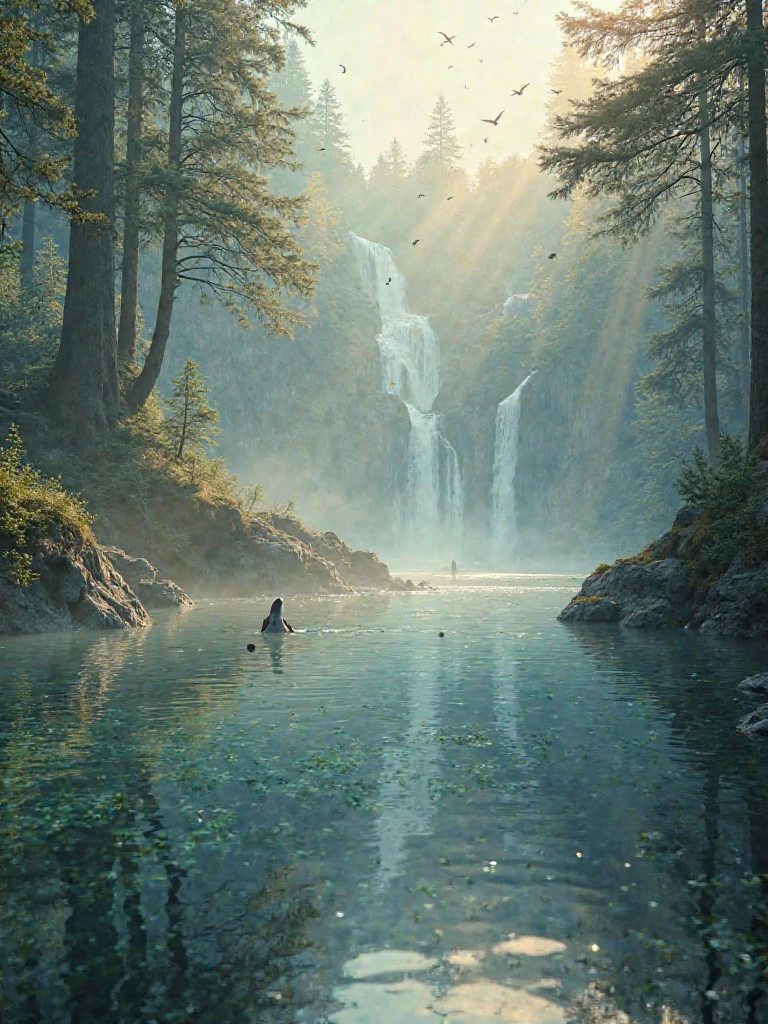 Design a tranquil and immersive natural scene that reflects the deep emotional world of a Pisces man. Set in a quiet forest valley at dawn, with soft sunlight piercing through morning mist, casting golden light on a serene, glass-like river. Real fish-sleek, elegant species like trout or koi-swim calmly beneath the surface, visible in the crystal-clear water. The river is flanked by mossy rocks, tall pine trees, and gentle waterfalls in the distance. Include subtle movement in the scene: leaves drifting on the water, birds flying far above, and light rays shifting slowly. Use a color palette of cool blues, earthy greens, and warm light to evoke peace and emotional clarity. This image should feel like a safe space for the soul-melting away anxiety, stress, and emotional wounds - - Ar 9:16