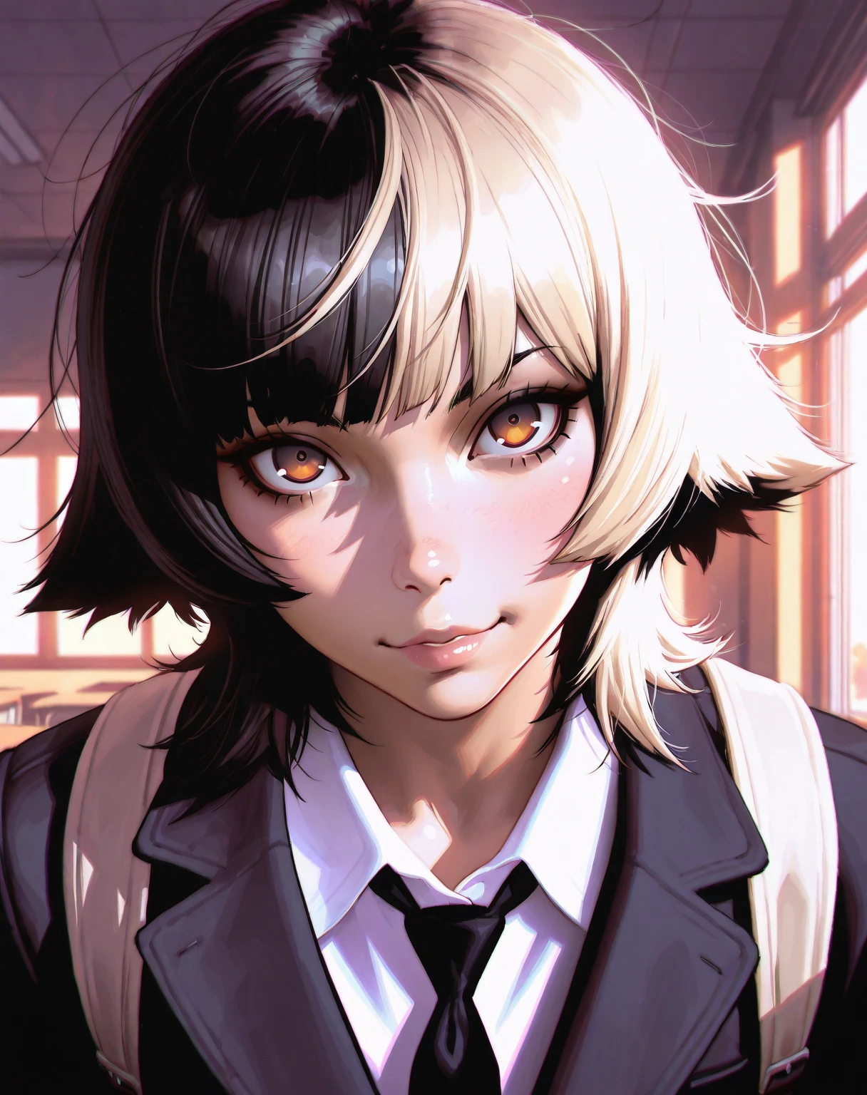 ilya kuvshinov, upper body shot, masterpiece, dynamic pose, solo, best quality, looking at viewer, (face focus), (saturated), fair skin, (man, masculine, male), indoors, school, evening, amber eyes, happy, friendly, straight cut bangs, wolf cut, mullet cut, black hair, pale blonde highlights, handsome, black zip up jacket, white collared shirt, black tie, beige bookbag, messy hair, messy bangs, medium hair