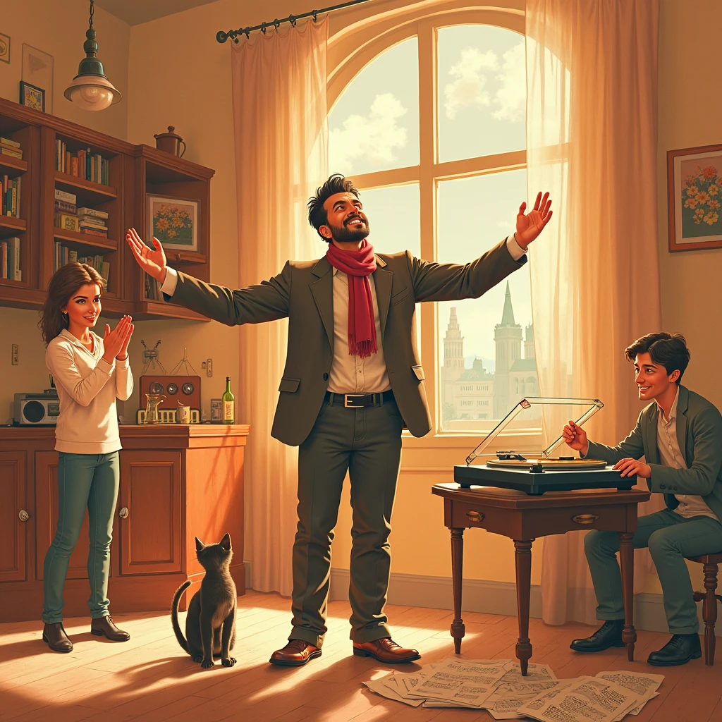Enzo stands, arms open wide in invitation, his scarf fluttering. Sophie claps while Jean pretends to conduct an orchestra with a coffee spoon. A vinyl record of "Volare" spins on a player in the background. The cat (from earlier prompts) bats at a stray sheet of music. Colors: burnt orange and cream with cel-shaded depth. Key vectors: the record player’s grooves, Enzo’s textured blazer, and the geometric window reflections.