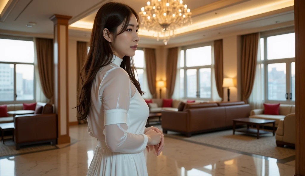 woman has her hands tied、Hands behind back、Hands crossed at the waist、(((Her wrists are wrapped with rope)))、Beauty、20talent、university student、Wearing a short-sleeved blouse、Wearing a miniskirt、Inside the hotel room、Standing in front of a wall、Uniform eyes、Well-proportioned、Medium build、Small Bust、I can see from head to heel、, black hair, bangs, swept bangs, straight hair, nervous, cinematic lighting, tachi-e, first-person view, pov, from behind, f/1.2, Nikon, Surrealism, UHD, best quality, highres, 8k, textured skin, anatomically correct