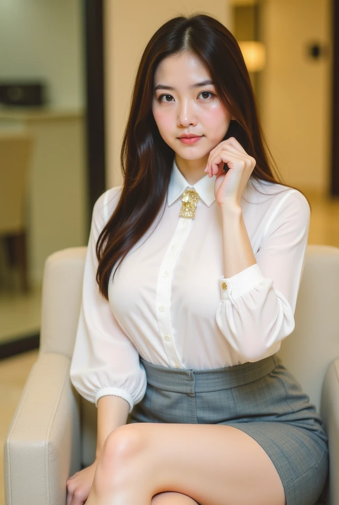 (1girl), Beautiful, Amazing face and eyes, makeup, (extremely detailed beautiful face), (the most sexy look), (Beautiful big breasts:1.1), (Best Quality:1.4), (Ultra-detailed), (extremely detailed CG unified 8k wallpaper), Highly detailed, raw photos, Professional Photography, ((Business Suit)), (tight skirt), (Business shirt with open), Outdoors, (business district, night city, illuminations), (night sky), depth of fields,