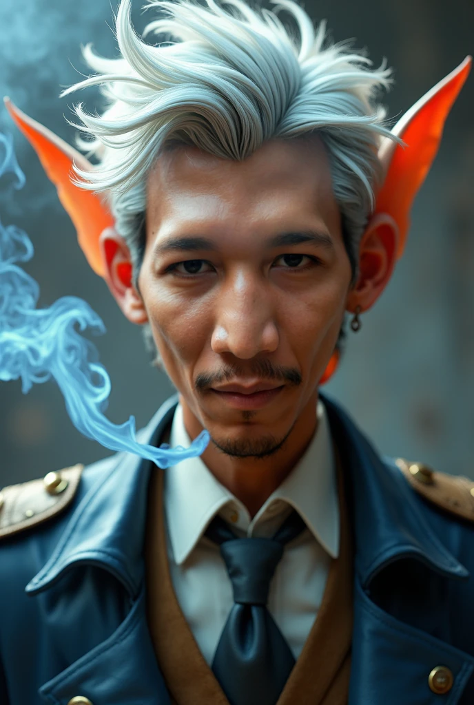 ‎Create a stylized Disney Pixar-style portrait ofan Elegant man captured in cinematic composition, soft and cool lighting enhancing natural skin texture, with pale blue smokes curling from his lips of slightly open mouth while he is holding a tip of cigarette between his lips, the cigarette is burned and smolders then emits pale blue smokes. His hair is white and messy fluffy, tinted grey and white, and his ears are prominent, ripped. He's wearing a worn blue leather jacket over a dirty white shirt and a badly knotted tie striking a dramatic pose akin to a masterpiece trending on ArtStation, featured on Pixiv, sharp details in sharp focus, the depth of field creating a bokeh effect, HD and HDR quality eyes captured with an 85mm f1.8 lens, ultra-realistic concept art style by Artgerm and Greg Rutkowski, day atmosphere, volumetric soft light invoking a studio shot feel, artgerm. highlighting the character with soft lighting and natural shadows. The design follows Pixar's vibrant and detailed aesthetic, with expressive eyes and a subtle 3D texture, while maintaining a sophisticated animated realism.