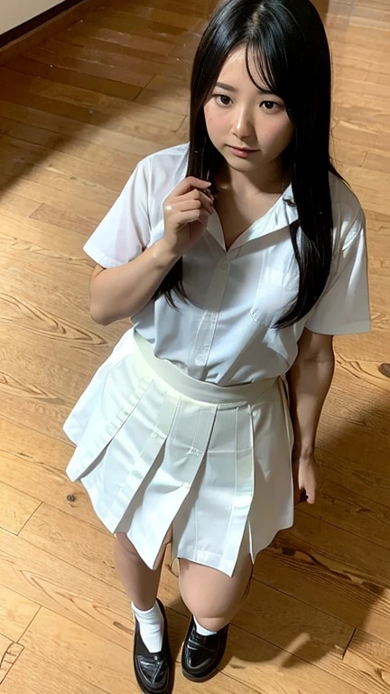 (8K, best quality, masterpiece:1.2), (realistic, photo-realistic:1.37), (high color saturation:1.0), (highly detailed skin), (highest quality:1.0), (ultra high resolution:1.0) ,(realistic:1.0), (Super detailed:1.0), (8K, Raw photo:1.1)、standing random pose, smiling, natural breast, perfect lighting, ((3girls students)), 18years old, (mysterious), clear and detailed, ((school_uniform, Japanese sailor uniform, flared skirt)), (indoor school climb the stairs), surprised face, (white_nomal_panties), looking at back viewer, nsfw, low angle photo,