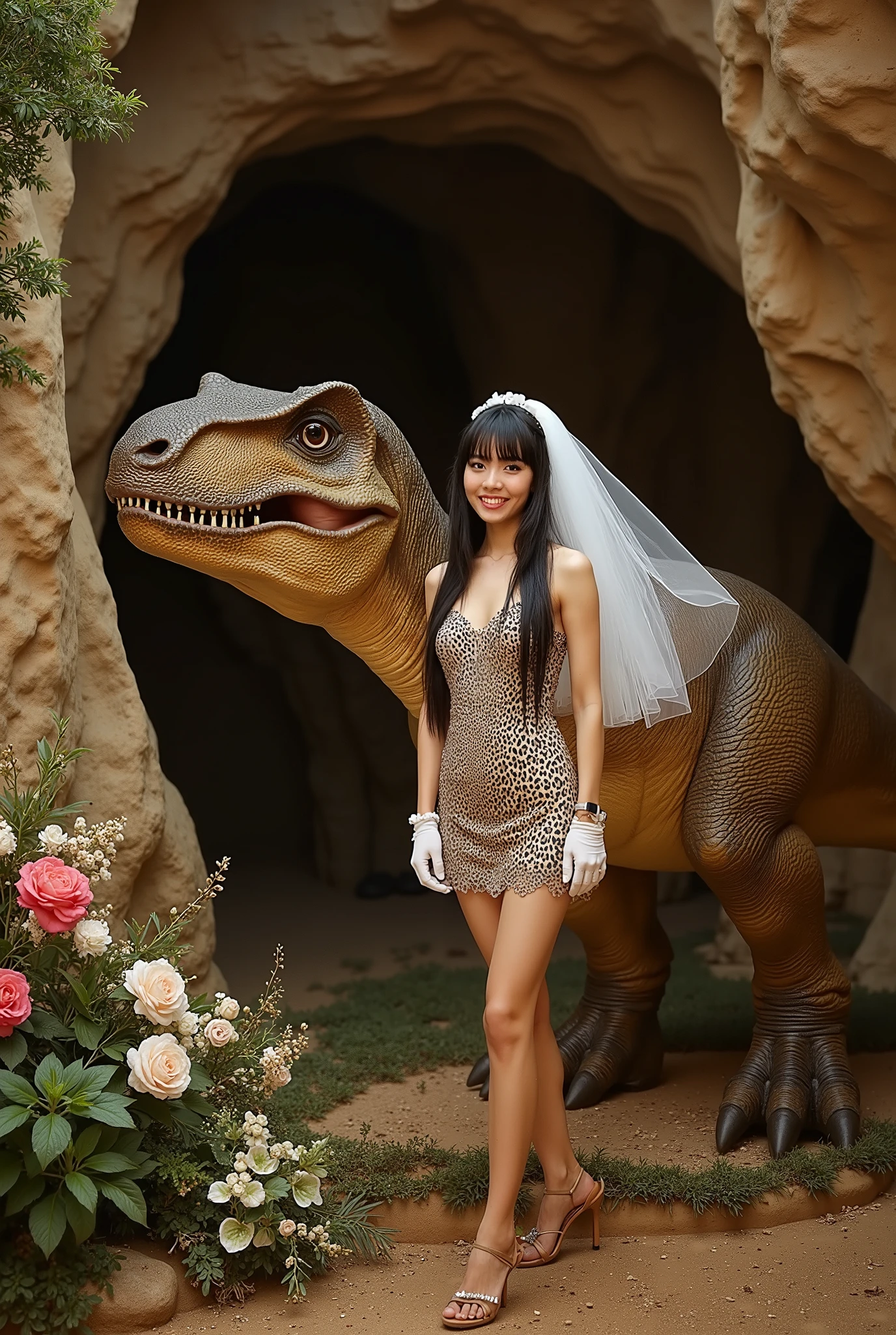 Create a portrait of a stunning Japanese female singer at a formal wedding. She has a slim figure, small breasts, and slender legs, with long hair and bangs. She is wearing a Paleolithic-style leopard print mini wedding dress, complete with a wedding veil and gloves. The singer is smiling beside a Tyrannosaurus rex, set against the backdrop of a flower garden cave, illuminated with cinematic lighting.