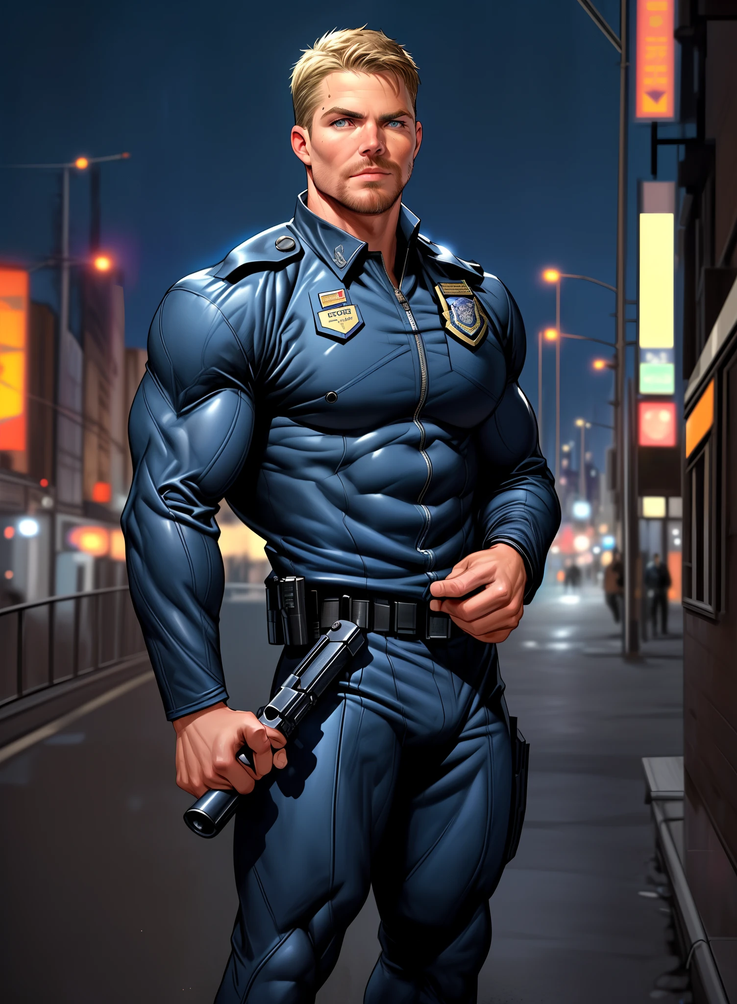 1 man, male focus solo,45 yo man,Stephen AMELL as NYPD policeMAN , lean muscle, WEARING marine blue POLICEMAN SUIT ,(), full body shot, dark blond short hair, well groomed BLOND facial hair, holding a gun with one hand, , ultra high quality, masterpiece, ( blackground A CITY )