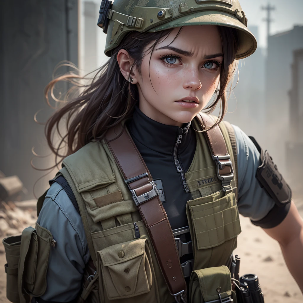 A close-up portrait of a fierce female soldier, wearing modern tactical gear with a helmet and combat vest. She has a determined expression, holding a rifle close to her chest. The background is pure white, studio-style lighting highlights the textures of her uniform and the metal of the gun. Her face shows subtle dirt and signs of battle, adding realism and grit. High detail, realistic style.