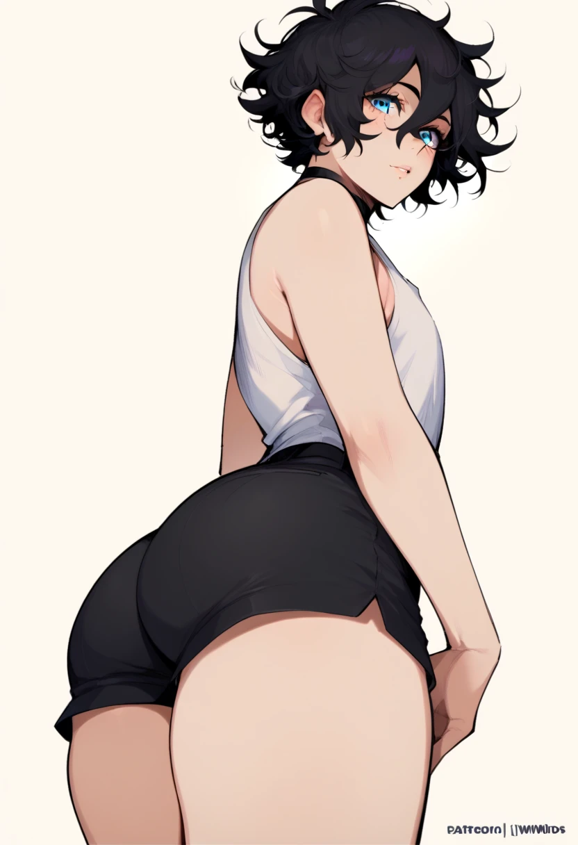 1girl, looking back, booty, blush, amazing, lovely girl, from behind, best quality, great artwork, sensual image, bouncing ass, ((white background:1.3, shy, akane_tendo-ranma, solo)), (bend over:1.3, lingerie, looking back over the shoulder), eyes detail, face detail, short hair, without_panties, pussy, hands on hips,