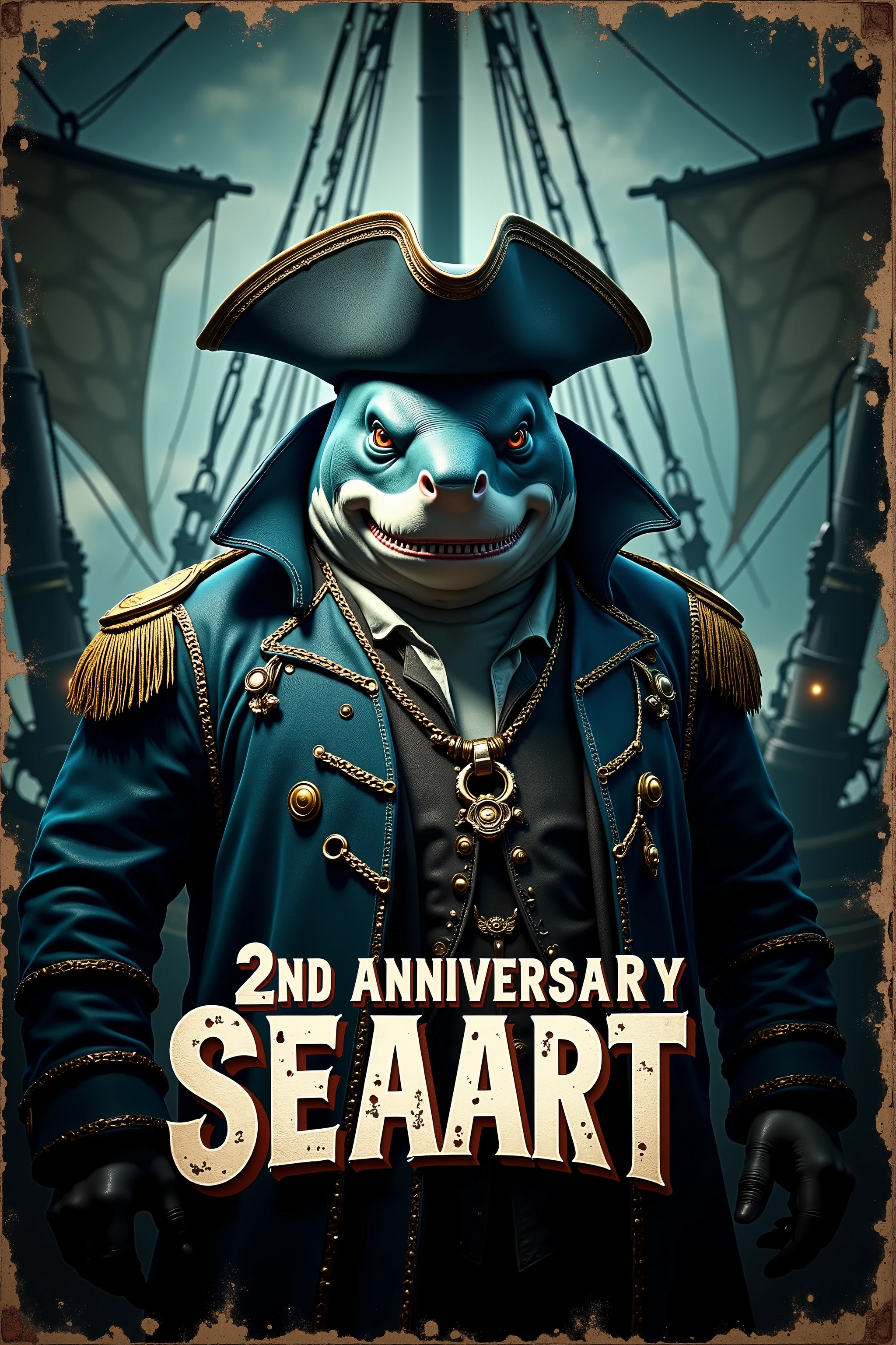 Create a cinematic poster featuring photorealistic portrait of Dressed animals - a ((fat)) (shark) pirate, , wearing pirate costume and pirate hat , with a serious, intense expression, He should be slightly off-center in the composition, The background should be dark and gritty, pirate's ship with smoky or grunge textures, Use a color scheme of black, deep blues, and dark greens, with subtle silver or gold accents to capture the show's mood, ((At the center of the poster, place the text "2nd Anniversary SeaArt" in large, bold, distressed letters, in a sans-serif font. The text should have a cinematic style, with slight shadow or glow effects to make it stand out against the background)).