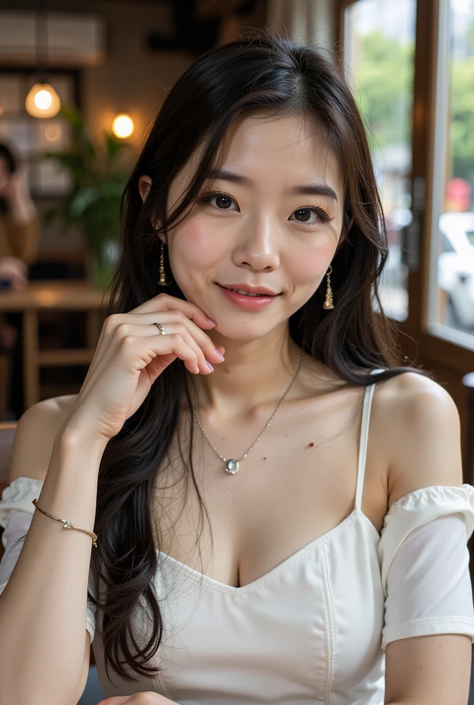 นางแบบสาวชาวออสเตรเลีย, (อายุ 18 ปี), ในงานกาล่า, กลางคืน, ผอมบาง, การแสดงออกอย่างมั่นใจ, (จากมุมบน), (รายละเอียดใบหน้าและผิวหนัง), (ผลงานชิ้นเอก, คุณภาพดีที่สุด, มีรายละเอียดสูง, สมจริงเกินจริง) ,Jennie kim, (Masterpiece)、((Highest quality))、photograph、reality、High image quality、Awesome detail、Realistic backgrounds and accessories、Big and soft breasts、convex chest、sexy smile、smile carefree、((indirect light、quiet light))、Fine dining restaurant、light and dark、shadow、Looks brilliant、talking、tight black t-shirt、see through、valley、lean forward、Loose around the neck、Nipples are exposed, Radiating charm and beauty with abundant breasts and revealing delicate cleavage.
 