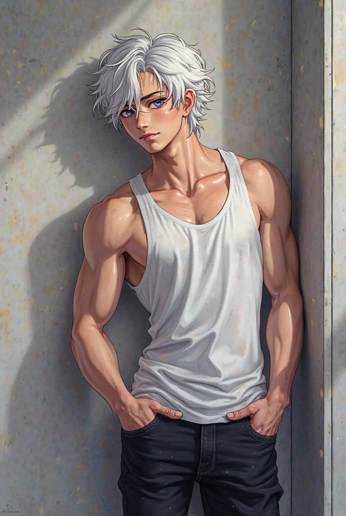 big man, one man, with tatto in the right arm, muscular man, in the bathroom, after a shower, 25 years old, staring, white hair, blue eye color, towel at the bottom