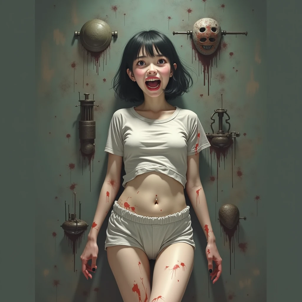 ((festival)), Outline warm color, ((Jump scares)), scribble, nightmare, Doll-like face, Manga style, rough sketch, Horror elements, (masterpiece), (High resolution), (Very delicate), (clear), Comic style illustration, (drawing style), warm color, (Horror elements), Japanese painting, whole body, Appear, angle, (snap shot), Bugaboo, that&#39;terrible, (Spooky), Japan sculpture, primitive art, old picture scroll style, old staging, Ancient mural style, crazy illustration, antique, Dark atmosphere, Flat Illustration, Crazy Smile, Spookyな外観, Characteristic hairstyle, creative accessories, Unique atmosphere
