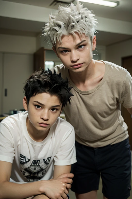 masterpice, best quality, 2 boy,  not looking at viewer, dog ears, messy hair, bangs, medium hair, upper half body, background of a classroom, soft dramatic lights, colored lights, platinum white hair, cute boys, teenager, horror, blood, crime 
