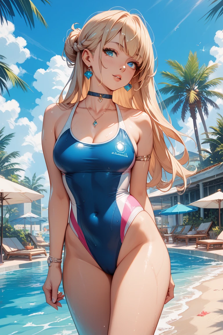 (masterpiece), (Highest quality), (High resolution, High Resolution), (Super detailed), (kitagawa marin:1.2), 1girl, (platinum blonde hair), (Very long hair with loose curls), Loosely swayed bangs, ((Hot pink mesh hair)), multicolored hair, (red eyes:1.2), Detailed pupil, Earrings, Earrings, jewelry, necklace, ((Detailed face)), (very cute expression), (A sloppy smile:1.2), Open your mouth wide and grin, Bare shoulders, Sleeveless, ((Metallic white competitive swimwear)), ((Metallic white one piece dress_Swimwear)), (wearing only a competitive swimsuit), Wet with sweat, (tan skin:1.2),A lively 15-year-old gal, B86, W58,H85, Model Body Type, Very beautiful proportions, Gravure model photography, Depth of written boundary, Perfect Anatomy, bare hands, armpits, (Show your armpits), Tempting, (Heart effect:1.3), absurdes, one-piece_swimsuit, Vulva Shape, Close-up, nicebeach, Everything except the subject is the sea and sky, ((Beautiful ocean with waves reflecting sunlight)), (Walking on seawater), I can see the horizon and the sky, The subject is in the center of the screen,