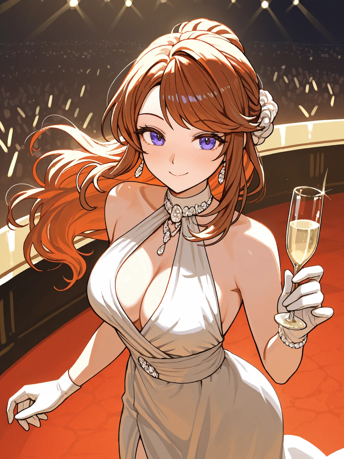 (best quality,8k,highres,masterpiece:1.2),ultra-detailed,(realistic,photorealistic,photo-realistic:1.37),Rias Gremory,ball,party,dress,eyes shining,detailed face,vivid colors,background with people,16k resolution,illustration,sparkling lights,celebration,dancing,beautifully decorated venue,warm atmosphere,lively music,dancing couples,enjoying drinks and conversations,confetti in the air,balloons in vibrant colors,glamorous outfits,exquisite ball gown and tuxedo,gold and red themed decorations,champagne glasses raised in toasts,laughter and smiles,energetic dance moves and twirls,people socializing and having fun,group photos and selfies,exquisite makeup and hairstyle,ornate chandeliers casting a soft glow,warm candlelight illuminating the scene,elegant and classy ambiance,excitement and joy filling the air,memorable and enchanting evening, created by MAPPA.