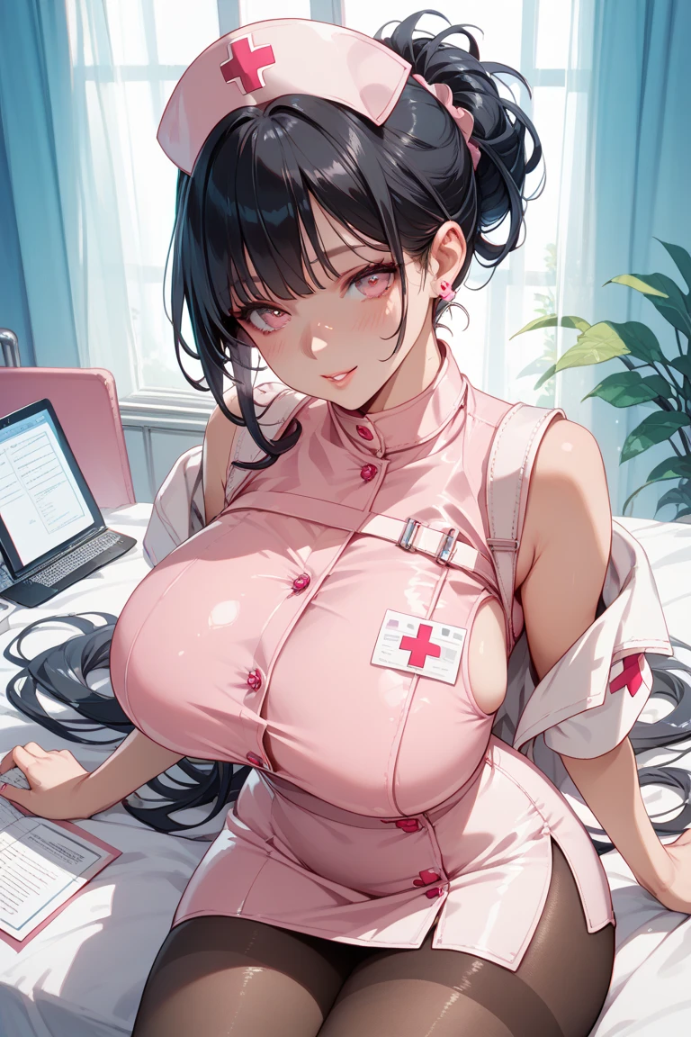 1female,35yo,plumw,extremely large bosom, 独奏,(Background with:hospitals,) She has short black hair,Stand in the operating room,,seen from the front, Twist braids, mostly cloudy sky,(((tmasterpiece),(Very detailed CG unity 8K wallpaper),best qualtiy,cinmatic lighting,detailed back ground,beatiful detailed eyes,Bright pupils,Blue eyes,Snow-whiteskin,Redlip(Very fine and beautiful),(Beautiful and detailed eye description),ultra - detailed,tmasterpiece,))facing at camera,A high resolution,ultra - detailed),revealing breasts,Bare genitalia, Bulge,legs are open,Raised sexy,Camel toes,Flushed complexion,Desire for dissatisfaction,frontage,nurse woman,Nurse hat,Black nurse uniform,比基尼,Red Cross Mark