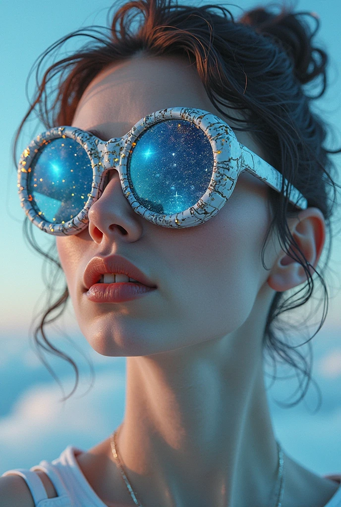 The model is wearing glass sunglasses with stars and the moon on the glass