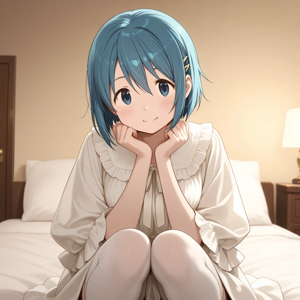 1 girl, short sky blue hair, have bang, yellow eyes, open mouth, blushing, surprise, white skin, looking at viewer, small breast, white long shirt, less bottom, shadowlighting, indoors, in bed ,night time (masterpiece, best quality, beautiful detailed eyes, detailed face)