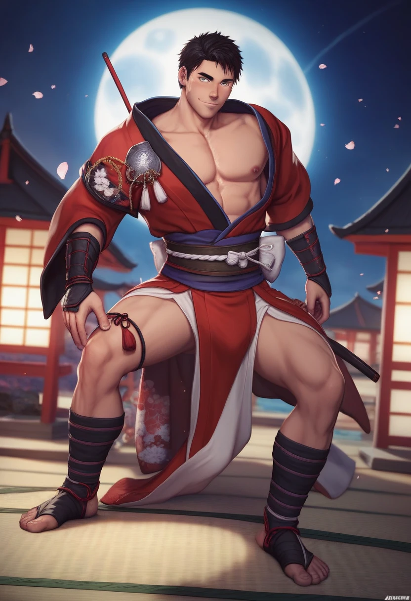 8k,(photorealistic:1.4),(masterpiece:1.4),(best quality:1.2),(ultra detailed:1.2),ultra highres,extremely delicate and beautiful,from behind,1boy,solo,ken,street fighter,(red dougi),(black obi),red hachimaki,blonde hair,red fingerless gloves,(sfr1v),barefoot,Japanese shrine,