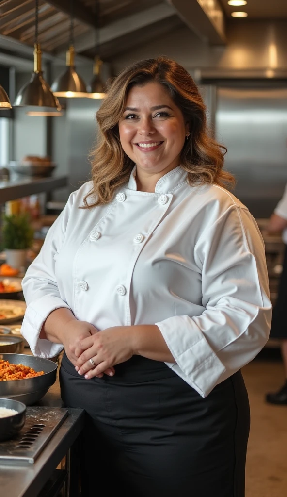 fat woman Iron Chef: Quest for an Iron Legend,the back ground is in a fancy restaurant, surrounded by food, food everywhere, table full of food in foreground,