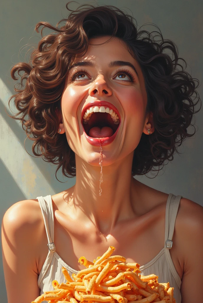 Create an image of a women who is happy on the sight of delcious food and water starts dripping from her mouth as if she is hungry and craving food 