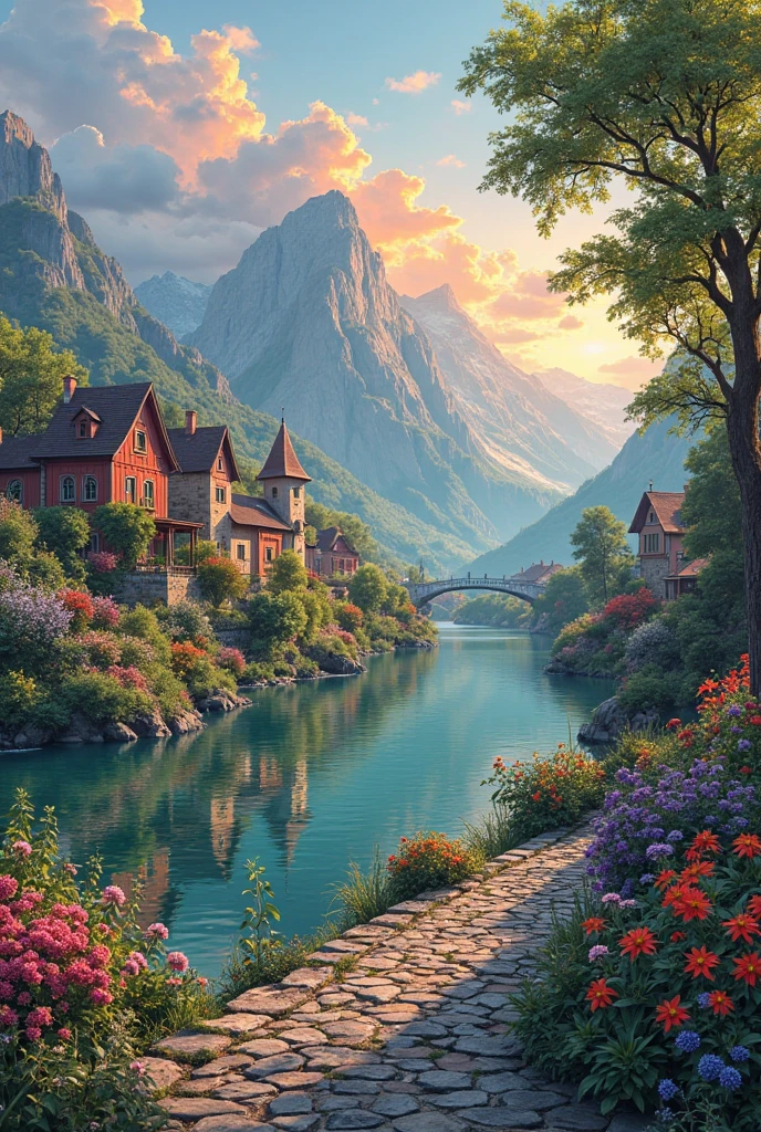 a small village by the river, mountains in the background, floral flowers colorful, detailed landscape, Beautiful natural landscapes, atmospheric lighting, scorching sunset, warm colours, practical, photopractical, Detailed Foliage, complex buildings, cobblestone street, Charming country house, swirly vibrant colors, lush vegetation, Still water reflections, Picturesque, idyllic, work of art, best qualityer, 8k, extremely detaild,anime styling