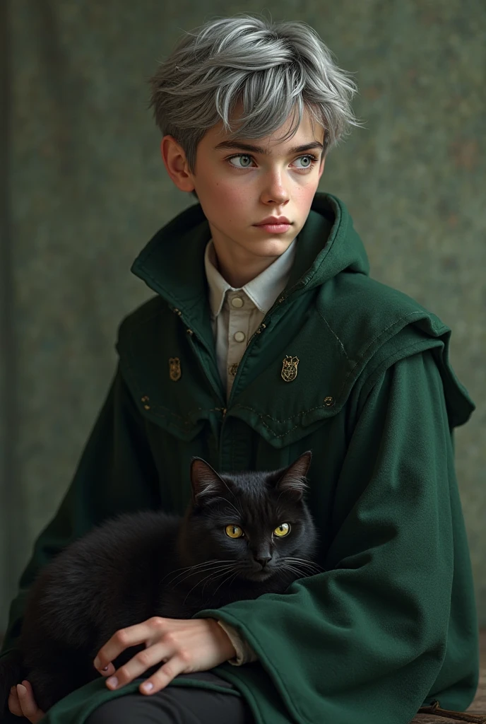 Generriere mir einen Jungen/mann
 Generate a boy with:

Greyish, slightly wavy hair

Pale skin

Piercing pale green eyes

Slimmer, but strong build

Slytherin robe

Black cat on lap

