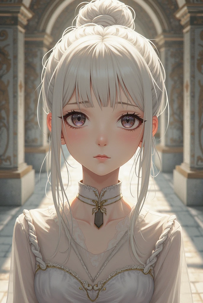 Nervous girl anime has a noble posture and her hair is white