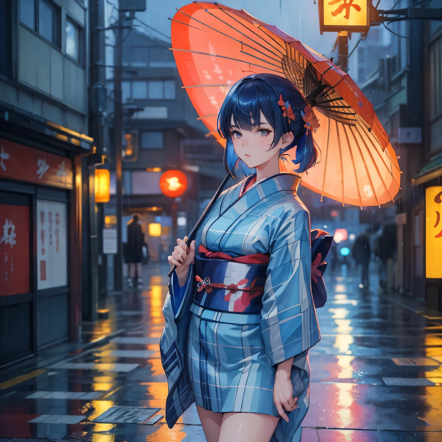 (top quality,8k,high resolution, masterpiece:1.2), (Anime Style),ultra detail, high resolution, 超high resolution, studio lighting, Ultra Precise Painting , sharp concentration, Physically Based Rendering, extremely detailed explanation, professional on stage floor, bright colors, Bokeh, PORTRAIT, Concept Artist, warm color palette, dramatic lighting,Rainy Night,1 beautiful woman,(Blue Plaid Kimono),sidemap,Walking through the streets of Japan ,Glittering neon signs,Heavy Rain, Rain Shines on Neon Signs,midnight,has an umbrella,