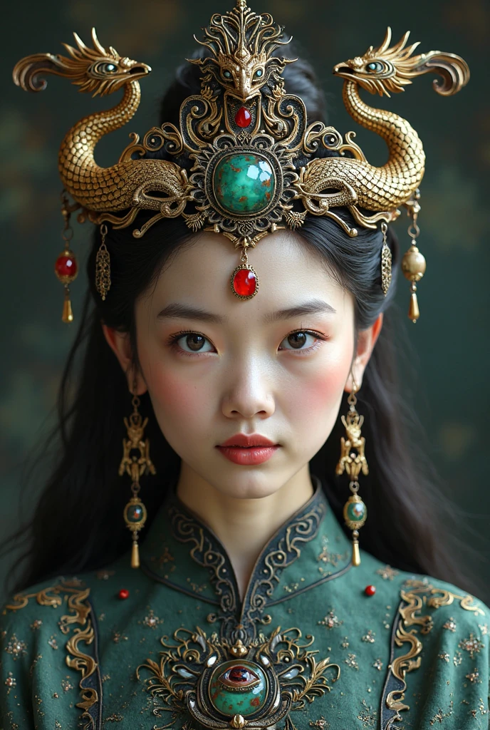 traditional phoenix crown made of blackened gold and jade, with delicate silver filigree.
Features:
Twin serpents curve around the sides like horns or dragon-like tendrils, mouths open in a silent hiss—representing Jörmungandr and transformation.

Tiny fox charms (nod to the huli jing, the Chinese fox spirit) hang subtly from the base, swaying with her movements.

Phoenix feathers (symbolizing rebirth) but scorched at the tips—hinting at fire, chaos, and change.

At the center of her forehead: a red gemstone shaped like a teardrop or third eye, glowing faintly—it’s the source of her illusion magic.