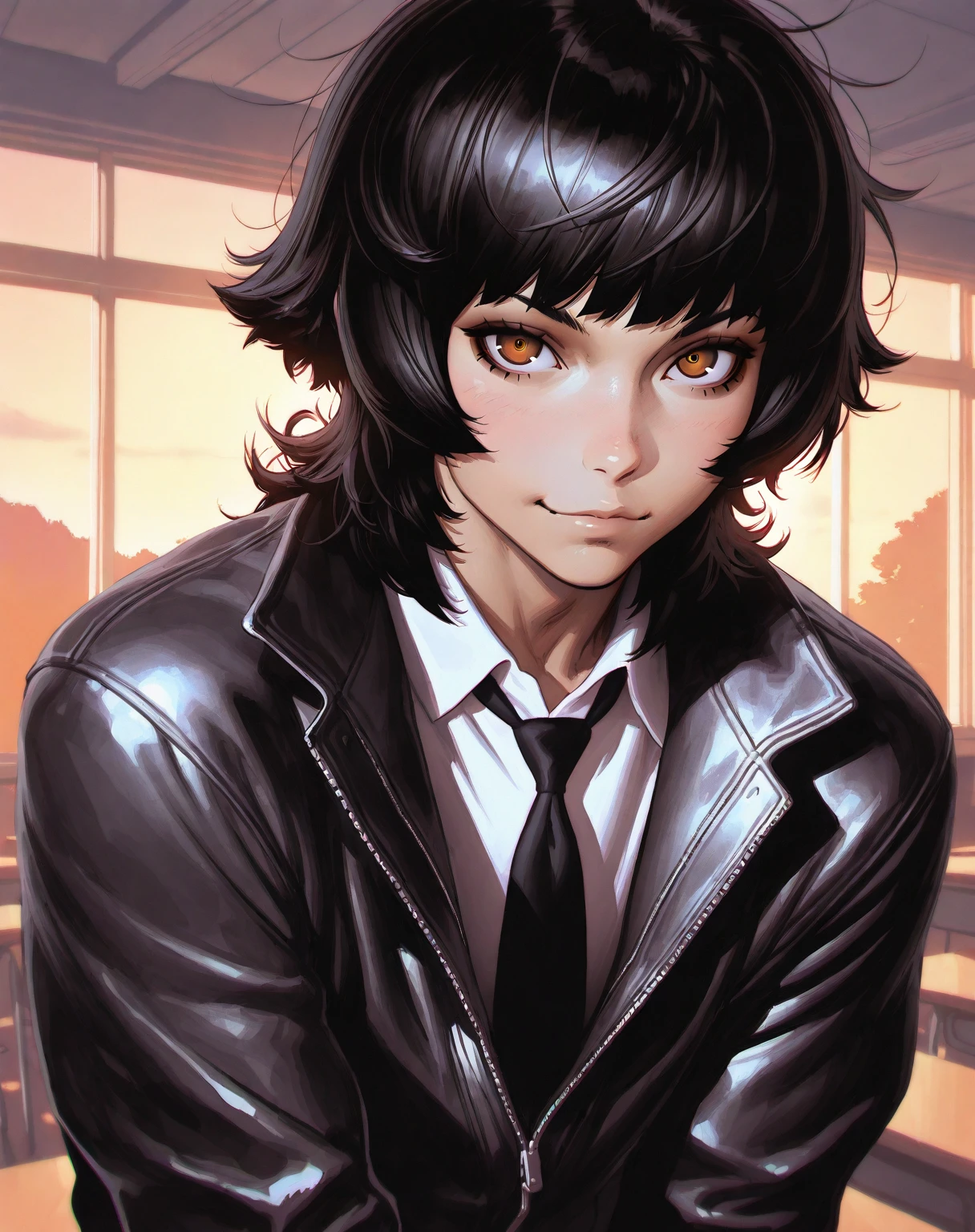 ilya kuvshinov, (upper body shot), masterpiece, (dynamic pose), solo, best quality, looking at viewer, (saturated), fair skin, (boy, male: 1.6), indoors, school, evening, amber eyes, happy, friendly, bangs, wolf cut, mullet cut, black hair, handsome, (black zip up jacket), white collared shirt, black tie, messy hair, messy bangs, medium hair, curly hair, wavy hair