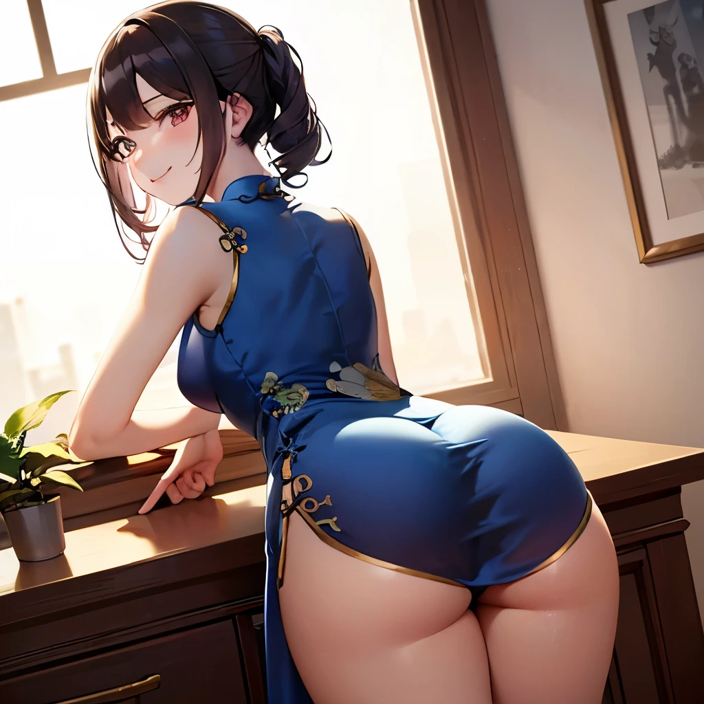 Miss,20 years old,City,(((Blue silk cheongsam))),,smile((dark hair)),blush、,((Turn around,Looking back))()Reflect your hips ,Full of light and shadow