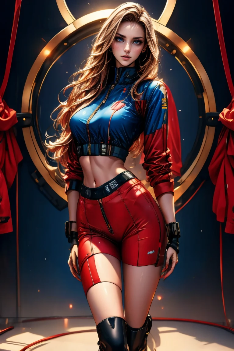 A full-body, ultra-detailed semi-realistic digital painting of a mature Polish woman in her early 40s, with a tall, toned, graceful figure that reflects classic Central European elegance. Her proportions follow a 10-heads-tall fashion model silhouette, with a modestly full bust, narrow waist, and long, shapely legs. Her posture is upright and relaxed, with a soft hip tilt that exudes calm confidence. Her skin is fair with a soft white tone and cool undertone, glowing naturally.
Her facial features are sharply defined—high cheekbones, a long straight nose, and a V-shaped jawline. Her eyes are almond-shaped, elongated, and slightly upturned at the outer corners, creating a cool, fox-like gaze beneath delicately arched brows. Her lips are medium-thin with a well-shaped Cupid’s bow, shaded in muted rose. Her makeup is clean and cool-toned: sculpted taupe eyeshadow, soft smoky shading below the eyes, and highlight accents to enhance her bone structure.

She wears a sleek race queen outfit inspired by the Polish national colors: a red and white zip-up crop top with silver trim and subtle structure, paired with an ultra-short asymmetrical skirt featuring red and white blocks and integrated black sponsor logos. Thigh-high white boots with red stripe accents and fitted red fingerless gloves complete her athletic, aerodynamic look. The suit reflects ambient light with a smooth, synthetic sheen and patriotic tone.

Her long blonde hair is sleek and waist-length, center-parted and naturally styled, flowing cleanly down her back without bangs or accessories.
She stands at a modern Polish racetrack with crisp architectural lines, national flags in soft focus, and cinematic cool lighting that highlights her confident, modern silhouette.
Masterpiece, best quality, semi-realistic, 8K resolution, cinematic lighting, hyperrealistic portrait, finely detailed, detailed eyes, soft fabric texture, cyber-race queen aesthetic.