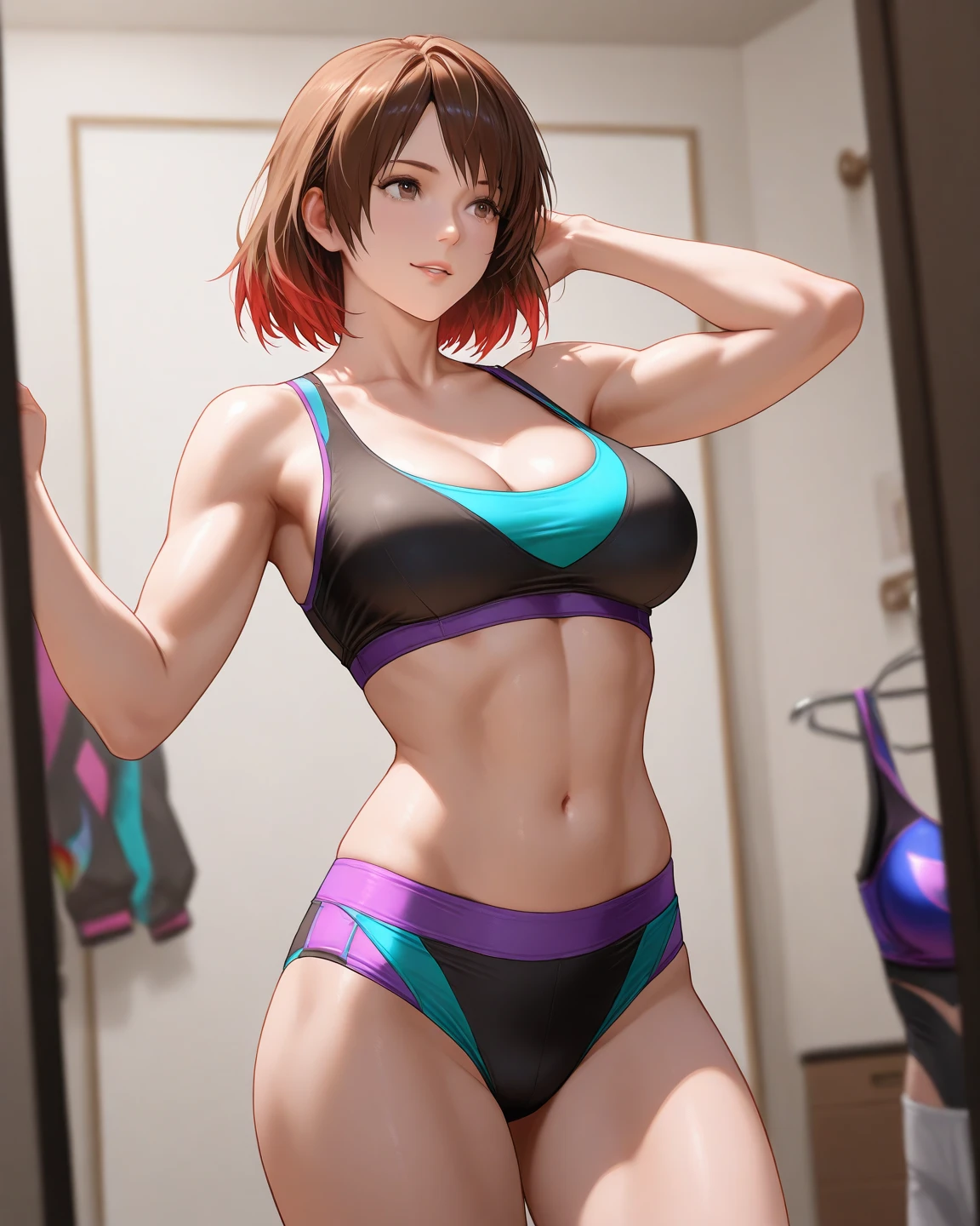 Female Pro Wrestler,Dressing room after the match,Take off your rainbow-colored costume,sports bra,In the form of an inner supporter, I can see a little bit of a crack in my butt,Dead or Alive,perfect anatomy