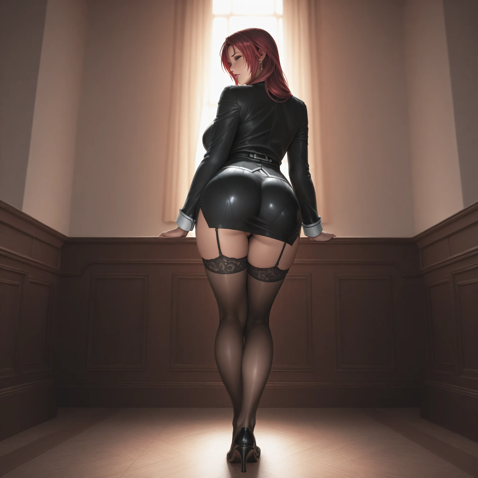 resident evil sexy jill valentine, bodysuit, seductive, full body latex suit, stockings, high heels, stilletoes, high boots, long boots, overknee boots, long gloves, choker, makeup, lipstick, full body shot, shot from behind, palace bedroom background