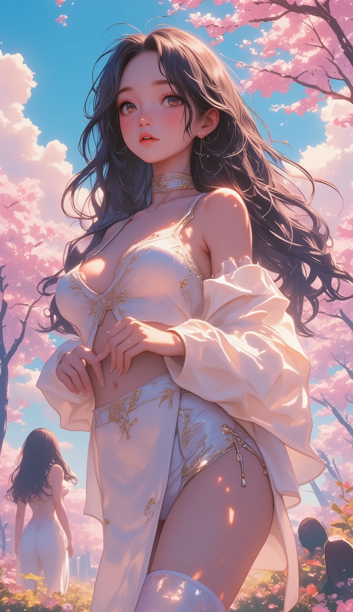 loose outfit、Show shoulders、Navel Ejection、How to wear a gown with a broken see-through halter neck、Decorated with intricate patterns and pastel colors、Transparent material that makes the skin shine、Artistic depiction of seductive woman in gown with wet thin cloth and transparent skin, Floral and fantastic pattern with flowing silky traditional see-through skin。Her dress draped elegantly around her curvaceous figure、Emphasizes her charming silhouette。She's a gentle fireworks night、Dynamic Posing、Sexy Posing、bathed in the soft glow of moonlight。The scene is、With a hint of mystery and sensuality、It exudes an ethereal dreamy atmosphere。The image style is、Incorporates a blend of watercolor and digital illustration techniques.、It makes you feel delicate beauty and charm。Soft moonlit lighting、Cast gentle highlights and shadows on her mesmerizing features。Dynamic Posing、Bold poses、The hand is somewhere、see -through、show through、A sexy、Wet hair、Wet、cherry trees、flower petals、cherryblossom、The cherry tree、Sakura blizzard、buried、Transparent skin、Wet clothes、Chest Pulling、Translucent clothes、Eau、nudde、２a person、