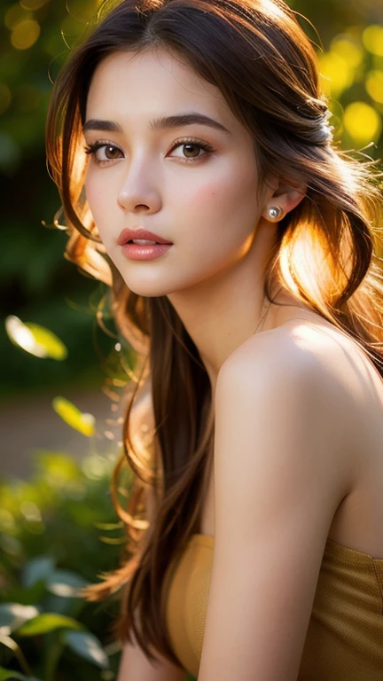 depth of field, lifelike, realistic, super detailed, beautiful, slender, cute, 30s, beautiful features, actress, mature, upper body, bright brown hair, thin hair, small face, live-action, highest quality, very elaborate CG Unity 8K wallpaper, ultra high resolution, natural fashion, lighting, medium hair, (puffy eyes), model figure, light on hair, turn around pose, Ash brown hair, model pose, studio shoot, white background, delicate skin type, light wavy hair close to straight hair, hands around the mouth, adult clothes, hair model shoot, hair fluttering in the wind, transparent hair, fine hair fineness, soft hair, fine skin, bright photo, less hair, angle of pull, professional lighting, realistic light, realistic shadow, natural light, soft light, beige hair, Hair length is short, hair is honey blonde color, skin color is natural beige tone skin tone, natural and light styling and makeup, hair should be wavy to express light movement, makeup should emphasize bright lips and eye-catching mascara, wear a slight pink dress in a simple and sophisticated style, Bright images that look like they were taken under natural sunlight