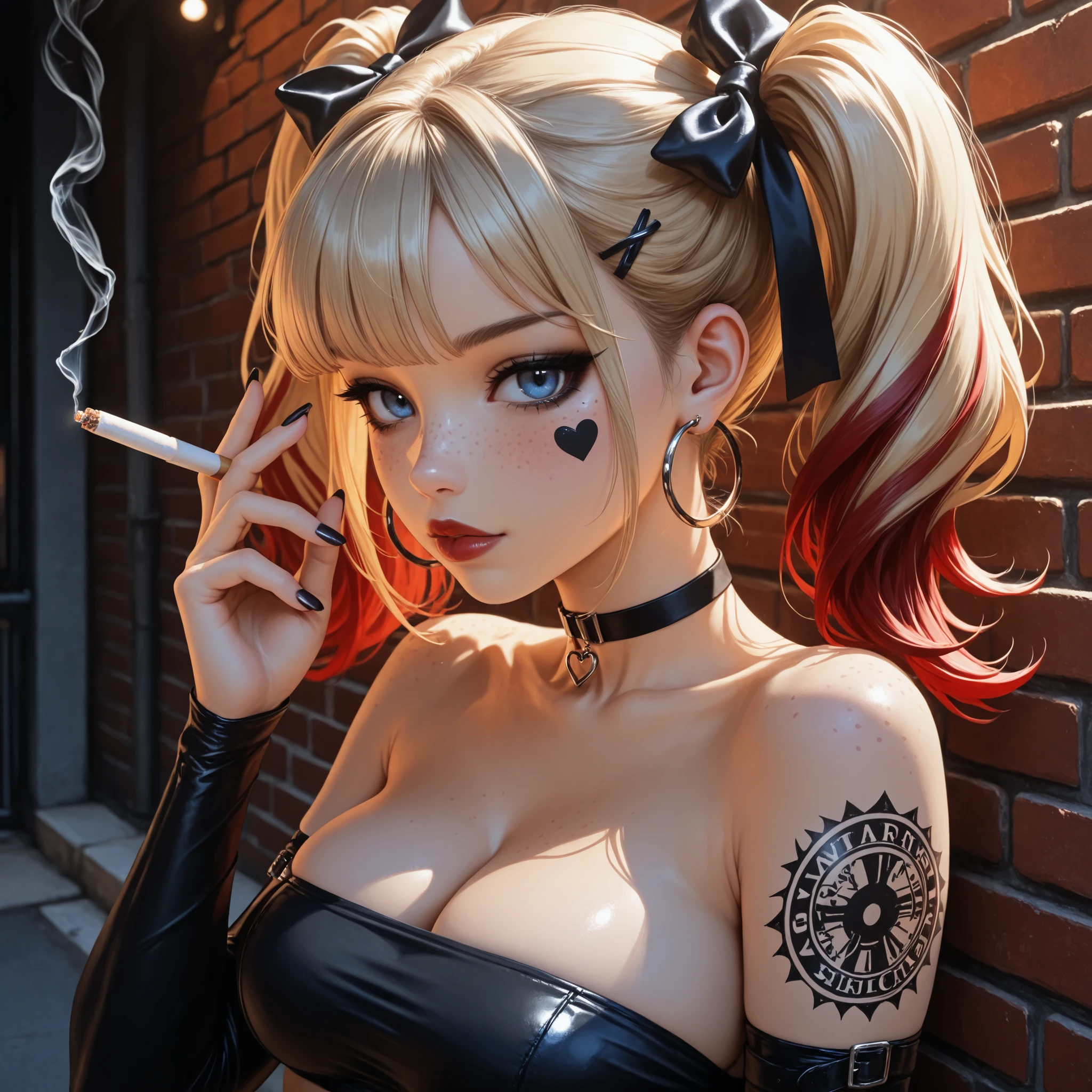 24 year old girl, leaning back against old brick wall, tattoo sleeve, juicy full lips, glossy lips, view from side, blue eyes, dark makeup, dark eyeliner, dark red shiny lipstick, alt girl, holding cigarette, black fingernails, black choker, close up, 1girl, Solo, High Resolution, looking at viewer, Bangs, Hair Bow, Masterpiece, High Resolution, Anatomically Correct, Detail, High Details, High Quality, Hoop Earrings, cute freckles, seductive expression, lips parted, red plaid Hair Ribbon, Jewelry, Hair Clip, Backlighting, Bloom, Cinematic Lighting, God Rays, score_9, score_8_up, score_7_up, cinematographic film image, blonde with red highlights, pigtails, influencer, model, beautiful, many arm tatoos, tube top, medium breasts, small heart sticker on cheek