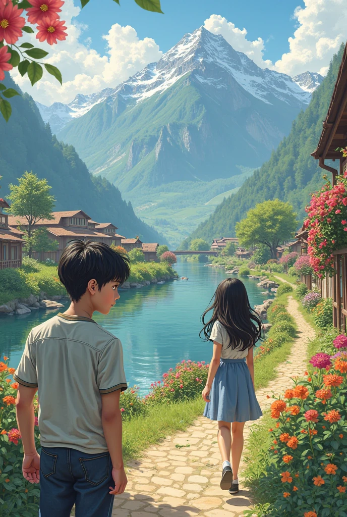 a small village by the river, mountains in the background, floral flowers colorful, the boy see har girlfriend leving har and girl she very happy har new boyfriend she go to the bye 