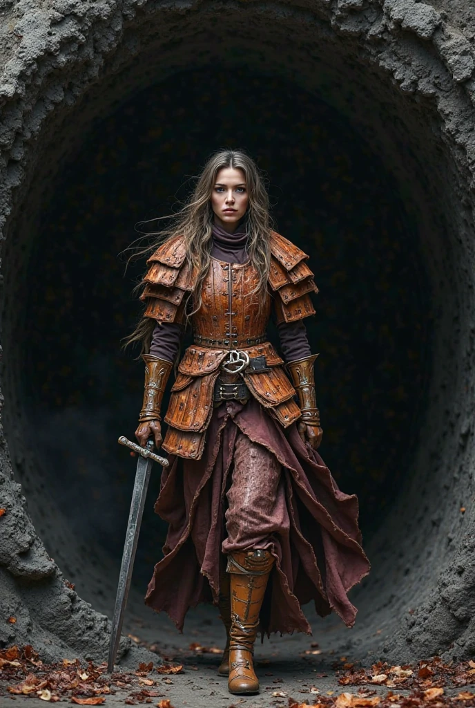 Swordswoman wearing wooden armor covered in bacon and coming out of a black portal