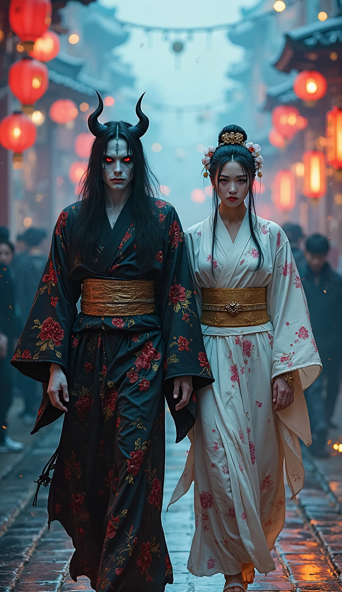 A dramatic, high-fantasy scene set in a bustling, atmospheric Japanese street filled with hanging red lanterns and blue mist. In the foreground, two striking characters walk side by side, exuding both elegance and menace.
The male figure on the left has a demonic, otherworldly appearance: long black hair styled into sharp, upward horns; glowing red eyes; ghostly white skin painted with black, rune-like markings. His  expression is cold and expressionless, yet filled with ominous intent. He wears a richly patterned black kimono adorned with crimson and gold floral motifs, the fabric flowing with his slow, deliberate steps.
Beside him walks a graceful woman with porcelain skin and long, flowing black hair pinned up with ornate hair sticks and floral ornaments. Her makeup is sharp and refined, with bold red lipstick and piercing eyes that hold a quiet intensity. She wears a white kimono with delicate pink and gold floral patterns, tied with an elegant gold obi belt.
The lighting in the image is cinematic—cool blue tones dominate the background while the flames at the bottom cast a warm, flickering orange glow onto the lower part of their bodies. The crowd behind them fades into blur, highlighting the duo as central, almost divine or cursed beings walking through a modern yet mythic world.