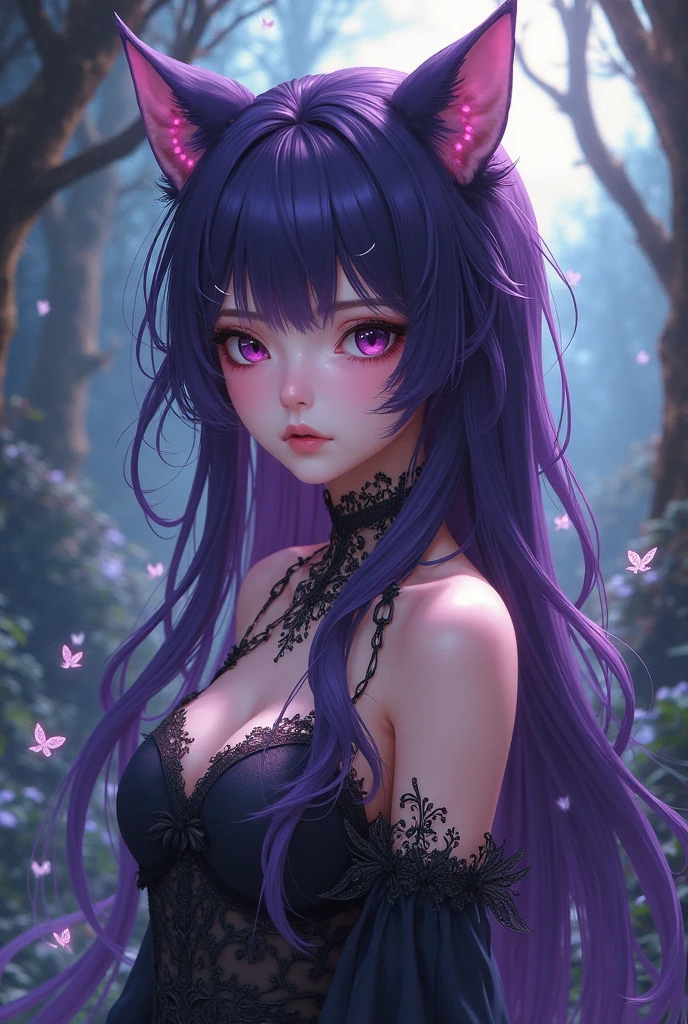masterpiece, high resolution, best quality, Very detailed, brush stroke, cat ears, Colorful eyes, beautiful woman, purple dress
