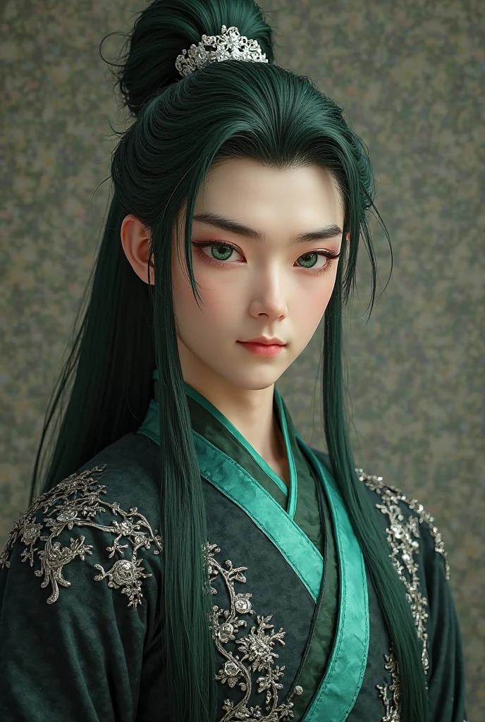 height:193cm Age:19/20 Chinese, male. Emerald-colored phoenix eyes with a daring look. In Black Hanfu with silver exhibitions and emerald silks. Long silk hair in the color of the night, Hair gathered in a high ponytail with a silver clip.  in ancient Chinese style. With bright emerald eyes and a smirk. Relief figure 