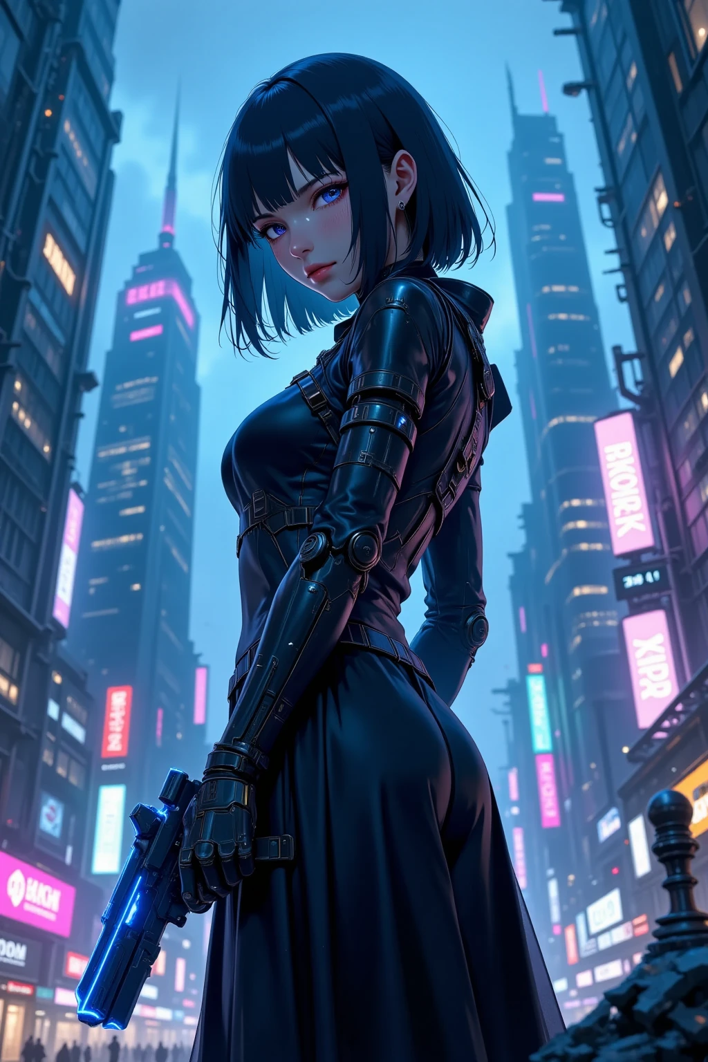 A cyberpunk-themed image featuring a female figure in a sleek black futuristic outfit, holding a glowing blue sci-fi weapon. The background depicts ahigh quality, detailed, cinematic, photorealistic, 8K, octane render, concept art, female character, cyberpunk outfit, sleek black futuristic attire, glowing blue sci-fi weapon, dynamic pose, intense expression, moody lighting, neon cityscape, skyscrapers,  rainy atmosphere, reflective surfaces, atmospheric fog, industrial elements